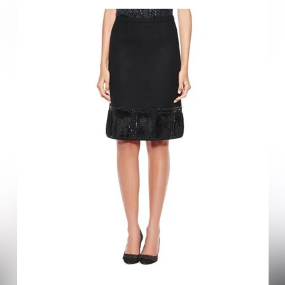 Tory Burch Black Wool, Fur and Rhinestone Pencil Skirt Size 0 EUC